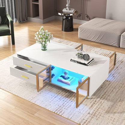 Modern White Coffee Table with 2 Glass Door Storage, 4 Drawers, Gold Metal Legs, and Multi-Color Lighting in 47.2"
