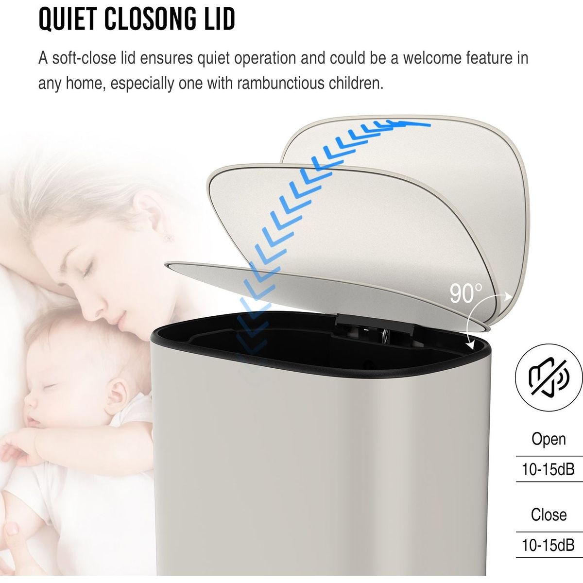 13 Gallon 50L Kitchen Foot Pedal Operated Soft Close Trash Can - Stainless Steel Ellipse Bustbin - White