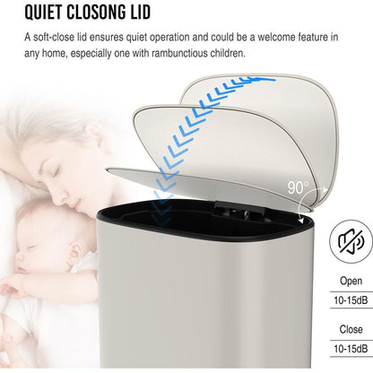 13 Gallon 50L Kitchen Foot Pedal Operated Soft Close Trash Can - Stainless Steel Ellipse Bustbin - White