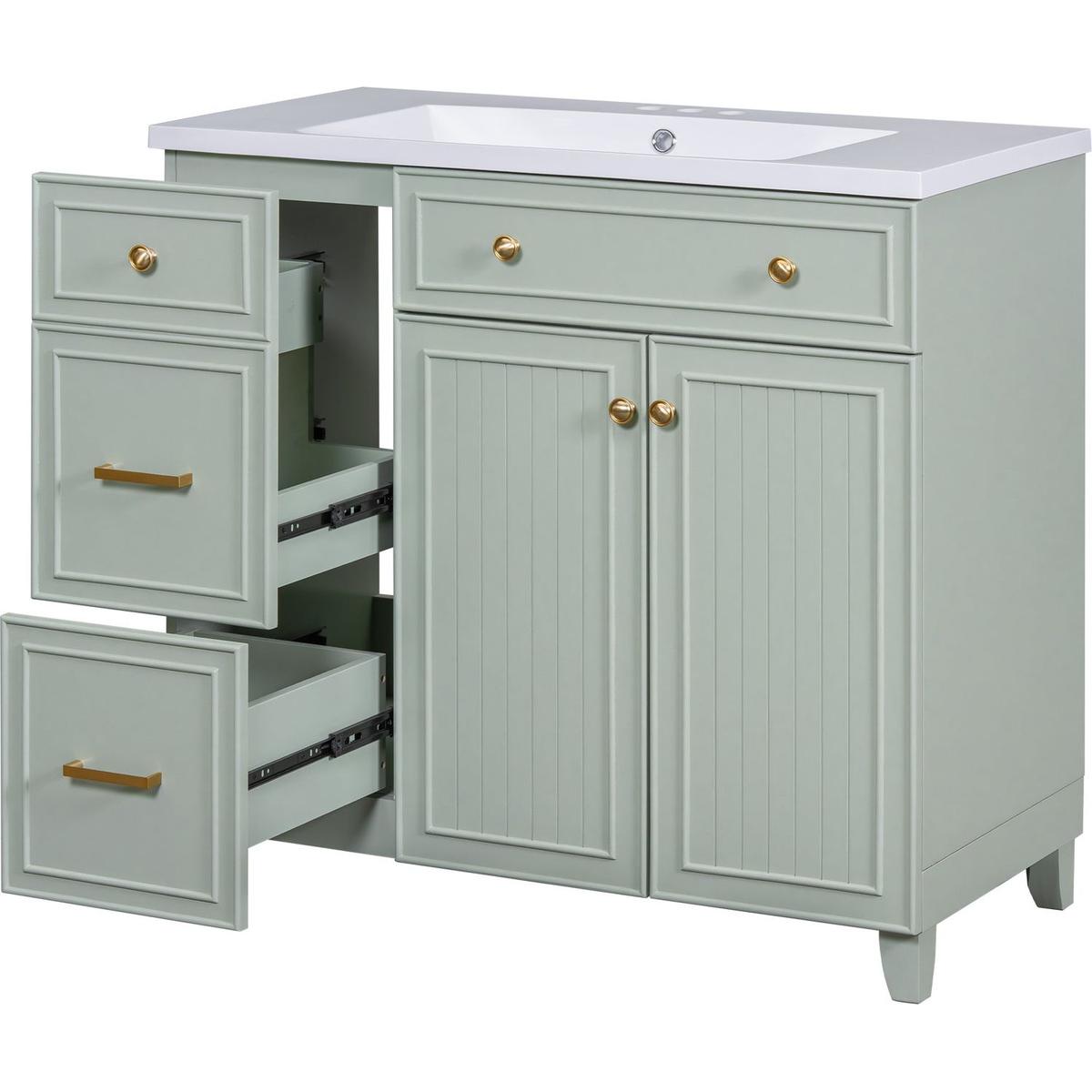 36-inch Bathroom Vanity, Transitional Style Bathroom Cabinet with Resin Sink, Green Single Bathroom Cabinet, with 2 Drawers and 1 Adjustable Storage Shelf, 2 Soft-close Doors