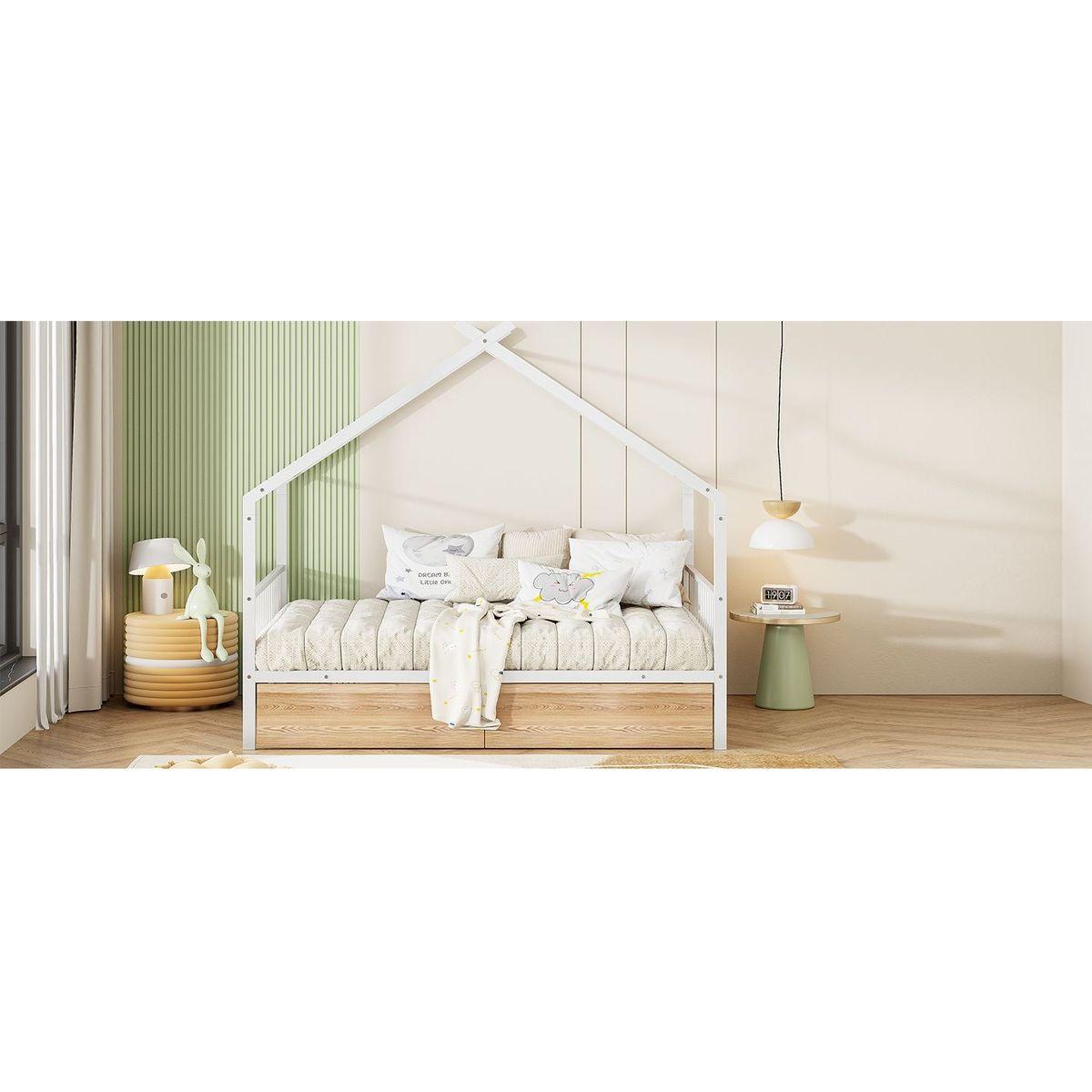 Full Size Metal House Bed with Two Drawers, White