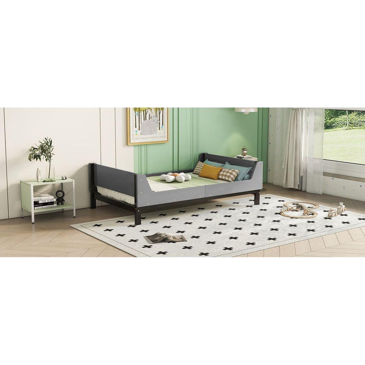 Twin Bed with Headboard, Footboard, Safeguards, Built-in Bed-end Book Storage Rack, Grey