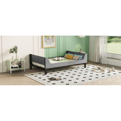 Twin Bed with Headboard, Footboard, Safeguards, Built-in Bed-end Book Storage Rack, Grey
