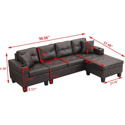 Sectional Sofa Set for Living Room with L Shape Chaise Lounge, cup holder and Left or Right Hand Chaise Modern 4 Seat (Chocolate brown)