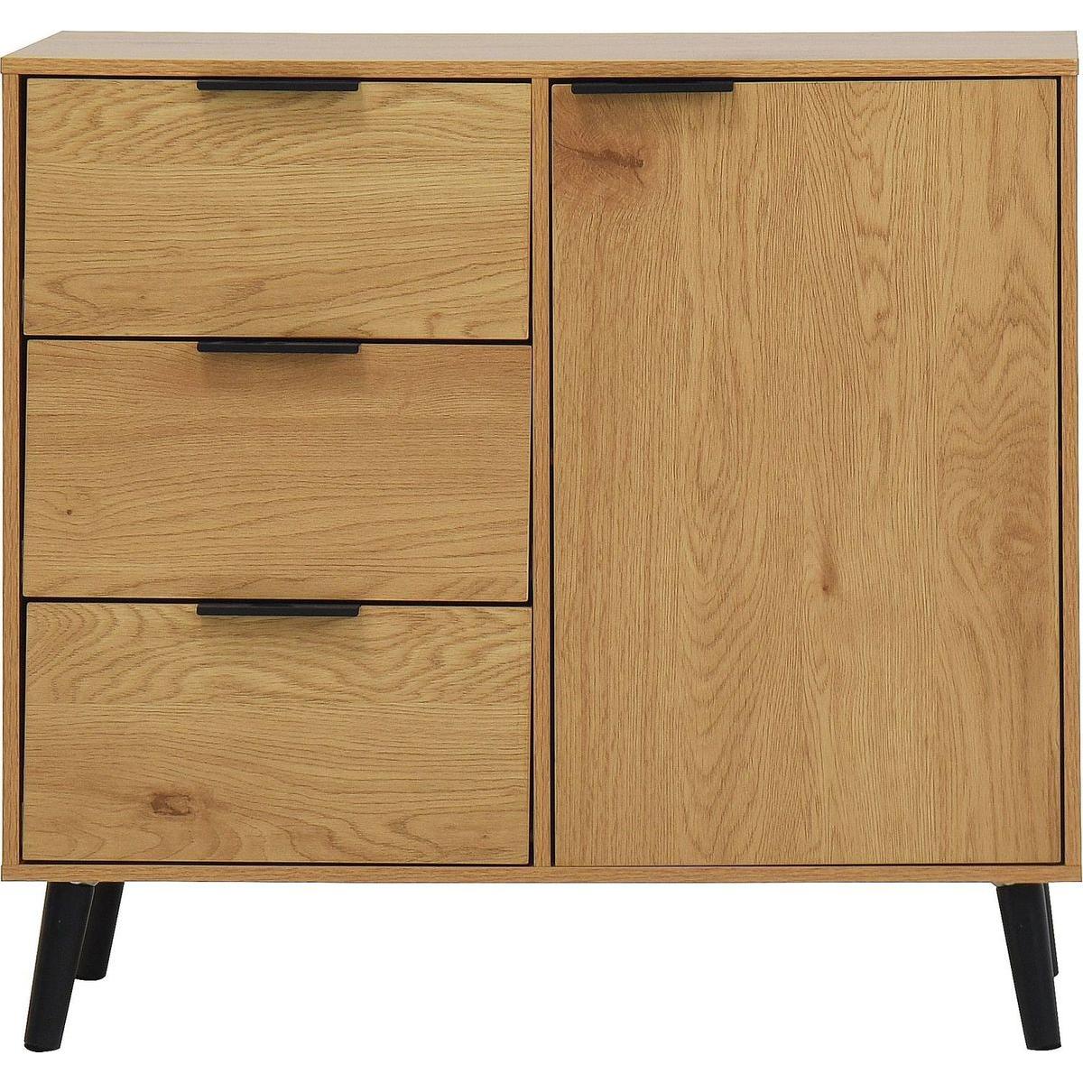 Storage Cabinet with 3 Drawers & Adjustable Shelf, Mid Century Cabinet with Door, Accent Cabinet for Living Room, Home Office, Entryway, Natural Wood Color