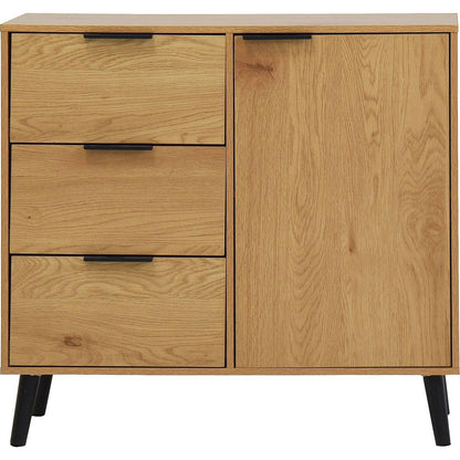 Storage Cabinet with 3 Drawers & Adjustable Shelf, Mid Century Cabinet with Door, Accent Cabinet for Living Room, Home Office, Entryway, Natural Wood Color