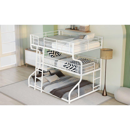 Full XL over Twin XL over Queen Size Triple Bunk Bed with Long and Short Ladder,White