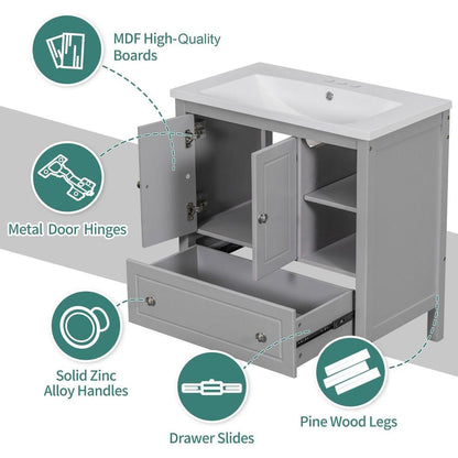 30" Bathroom Vanity with Sink, Bathroom Storage Cabinet with Doors and Drawers, Solid Wood Frame, Ceramic Sink, Grey