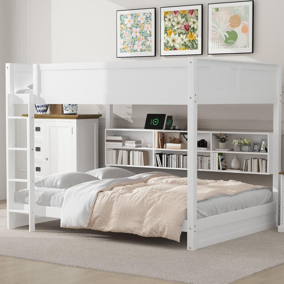 Queen over Queen Bunk Bed with Storage Cabinets and USB Ports, White (Expected Arrival Time: 10.26) - Streamdale Furniture