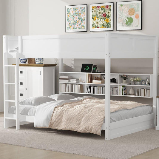 Queen over Queen Bunk Bed with Storage Cabinets and USB Ports, White (Expected Arrival Time: 10.26)
