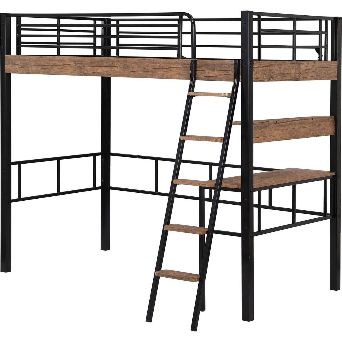 Metal Twin Size Loft Bed with Built-in Desk, Storage Shelf and Ladder, Black