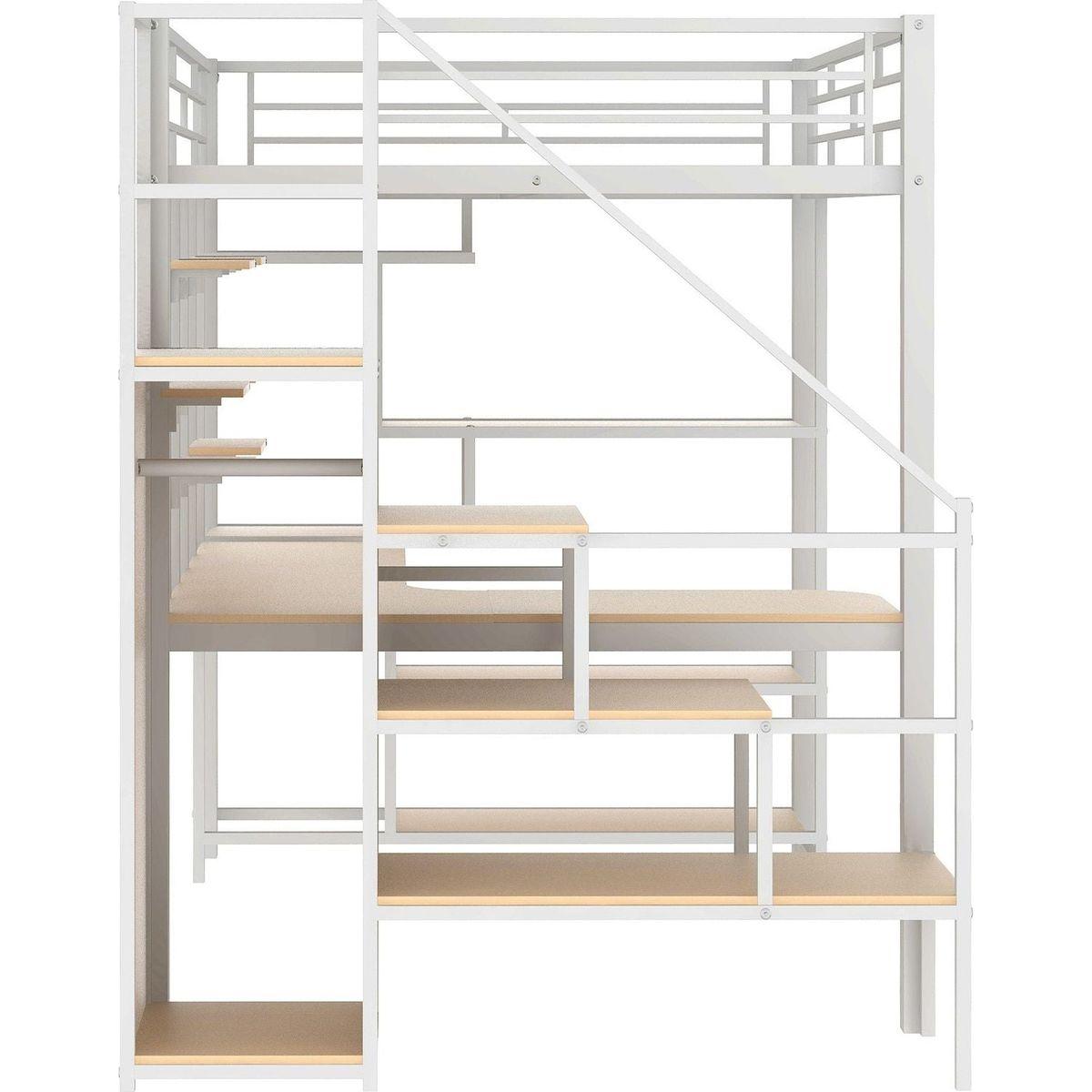 Full Size Metal Loft Bed with Storage Staircase and Small Wardrobe, Built-in Desk and Storage Shelves, White