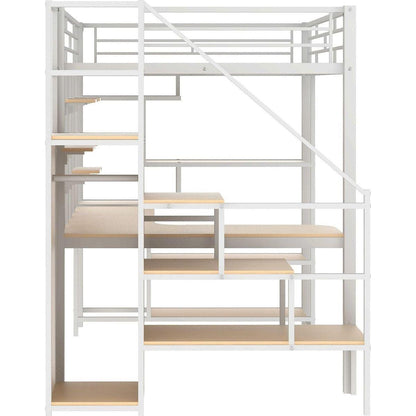 Full Size Metal Loft Bed with Storage Staircase and Small Wardrobe, Built-in Desk and Storage Shelves, White