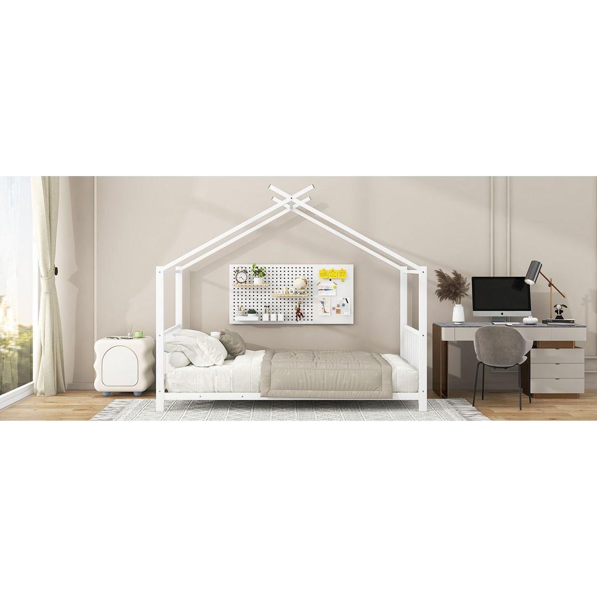Twin Size Metal House Platform Bed, White