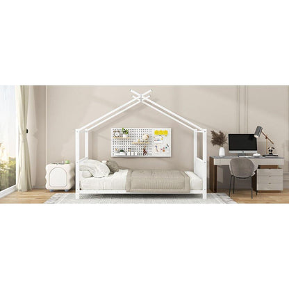 Twin Size Metal House Platform Bed, White