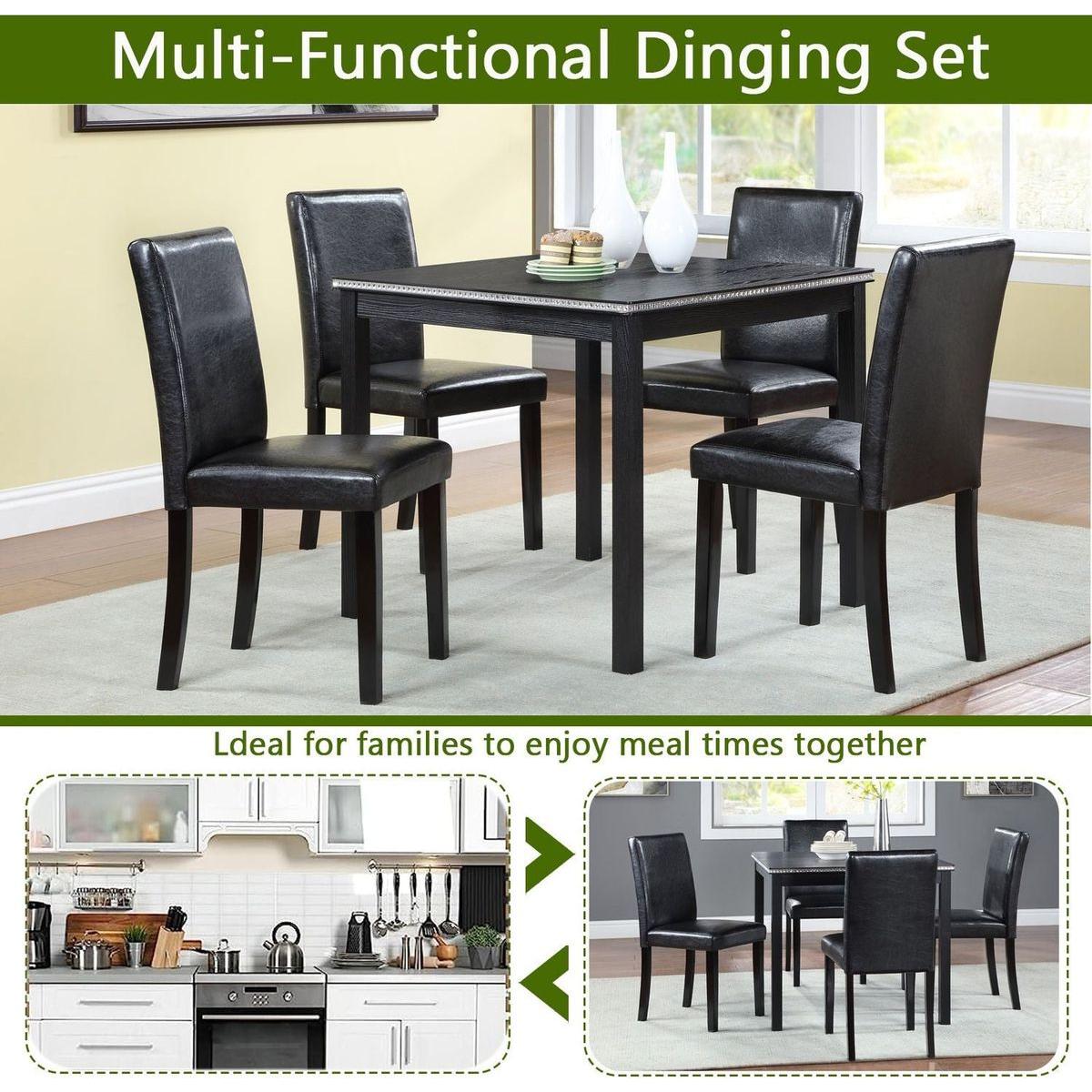 5 Piece Wooden Dining Table Set, Kitchen Table Set with a Square Table and 4 Upholstered Chairs, Wooden Dining Room Table with Crystal Decoration and Chairs Set for Kitchen, Dining Room, Black