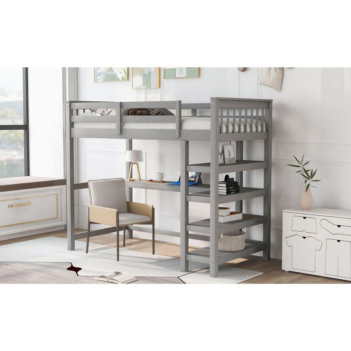 Twin Size Loft Bed with Storage Shelves and Under-bed Desk, Gray