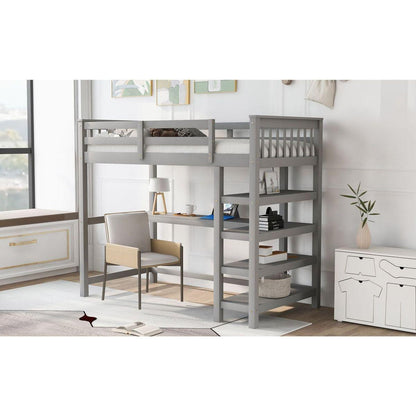 Twin Size Loft Bed with Storage Shelves and Under-bed Desk, Gray