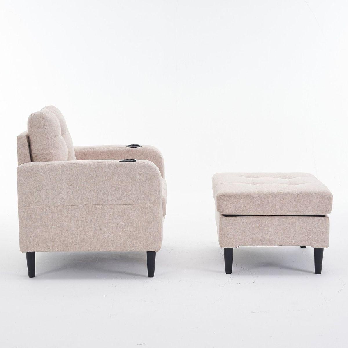Beige Upholstered Armchair and Storage Ottoman Set - Comfortable Single Sofa with Cup Holders and Tufted Detailing, Ideal for Living Room or Bedroom