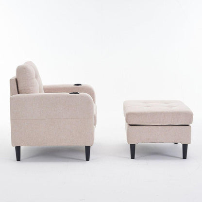 Beige Upholstered Armchair and Storage Ottoman Set - Comfortable Single Sofa with Cup Holders and Tufted Detailing, Ideal for Living Room or Bedroom