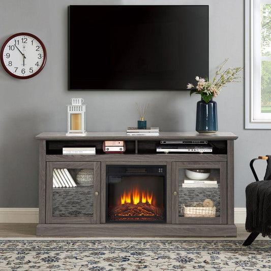 Modern TV Media Stand Modern Entertainment Console with 18" Fireplace Insert for TV Up to 65" with Open and Closed Storage Space, Dark Walnut/Black, 60"Wx15.75"Dx29"H