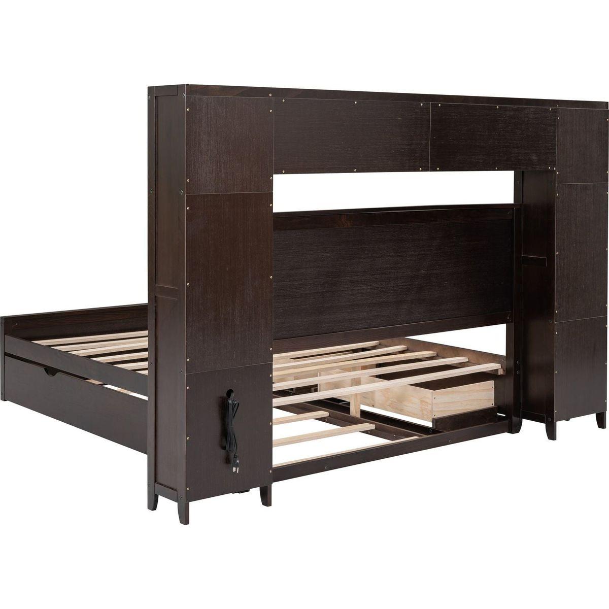 Queen Size Wooden Bed With All-in-One Cabinet, Shelf and Sockets, Espresso