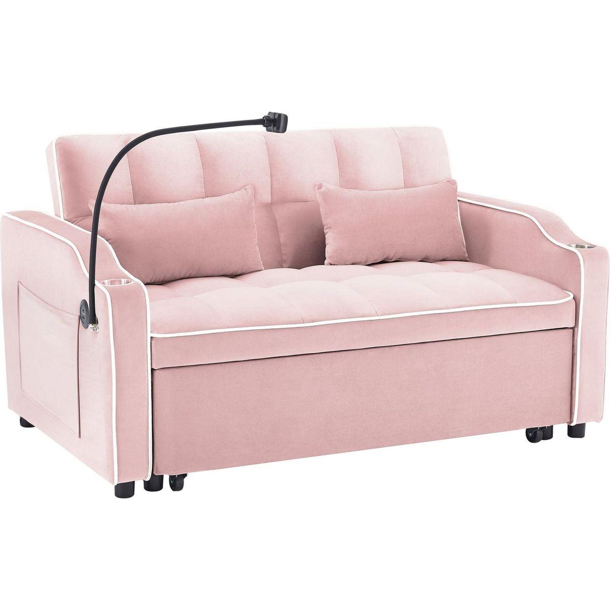 1 versatile foldable sofa bed in 3 lengths, modern sofa sofa sofa velvet pull-out bed, adjustable back and with USB port and ashtray and swivel phone stand (pink)