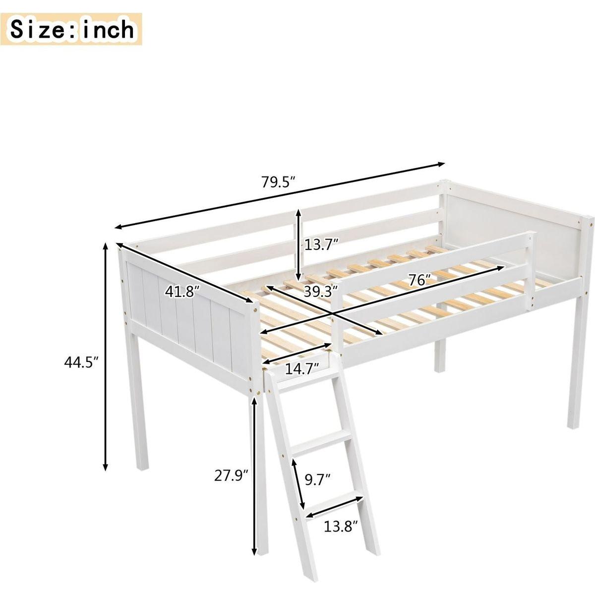 Twin Size Wood Low Loft Bed with Ladder, ladder can be placed on the left or right, White