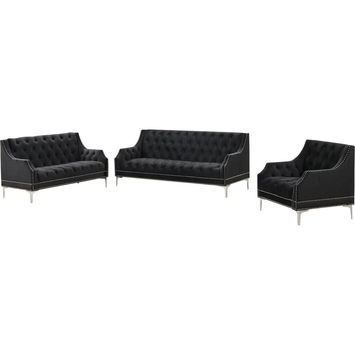 Modern three-piece sofa set with metal legs, buttoned tufted backrest, frosted velvet upholstered sofa set including three-seater sofa, double seater and living room furniture set Single chair