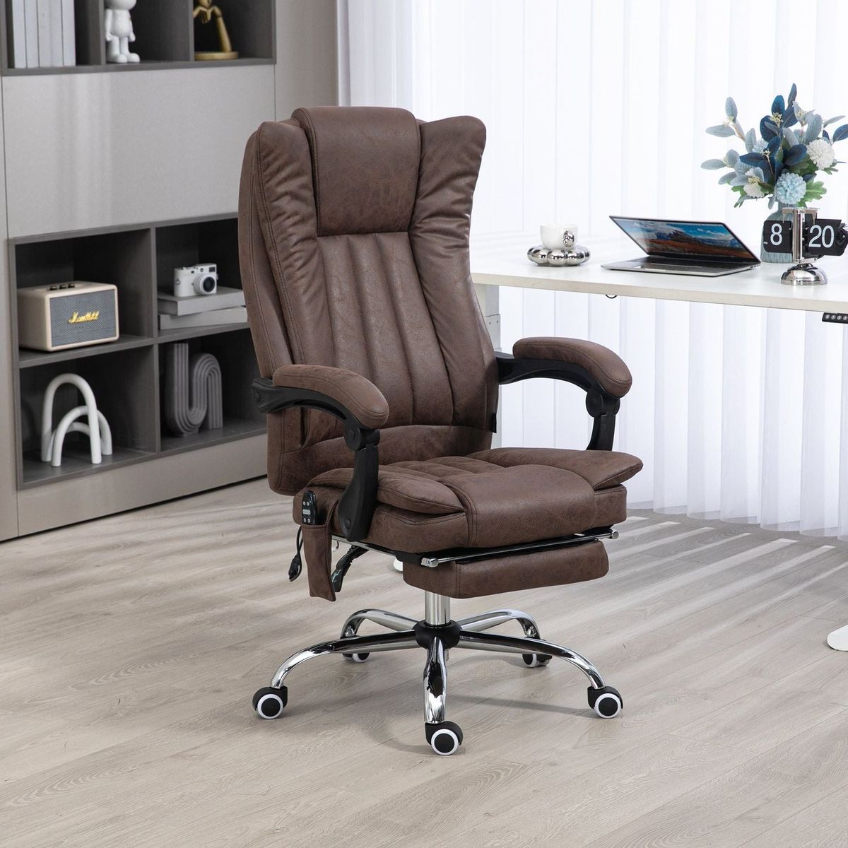 Vinsetto Microfiber Office Chair, High Back Computer Chair with 6 Point Massage, Heat, Adjustable Height and Retractable Footrest, Coffee