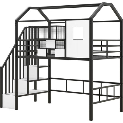 Metal Loft Bed with roof design and a storage box, Twin, Black