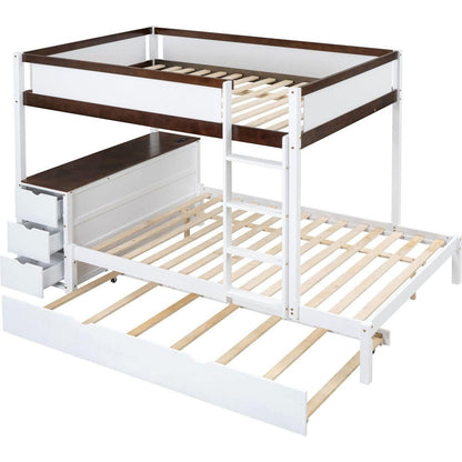 Full-Over-Full Bunk Bed with Twin size Trundle, Storage and Desk, White+Walnut