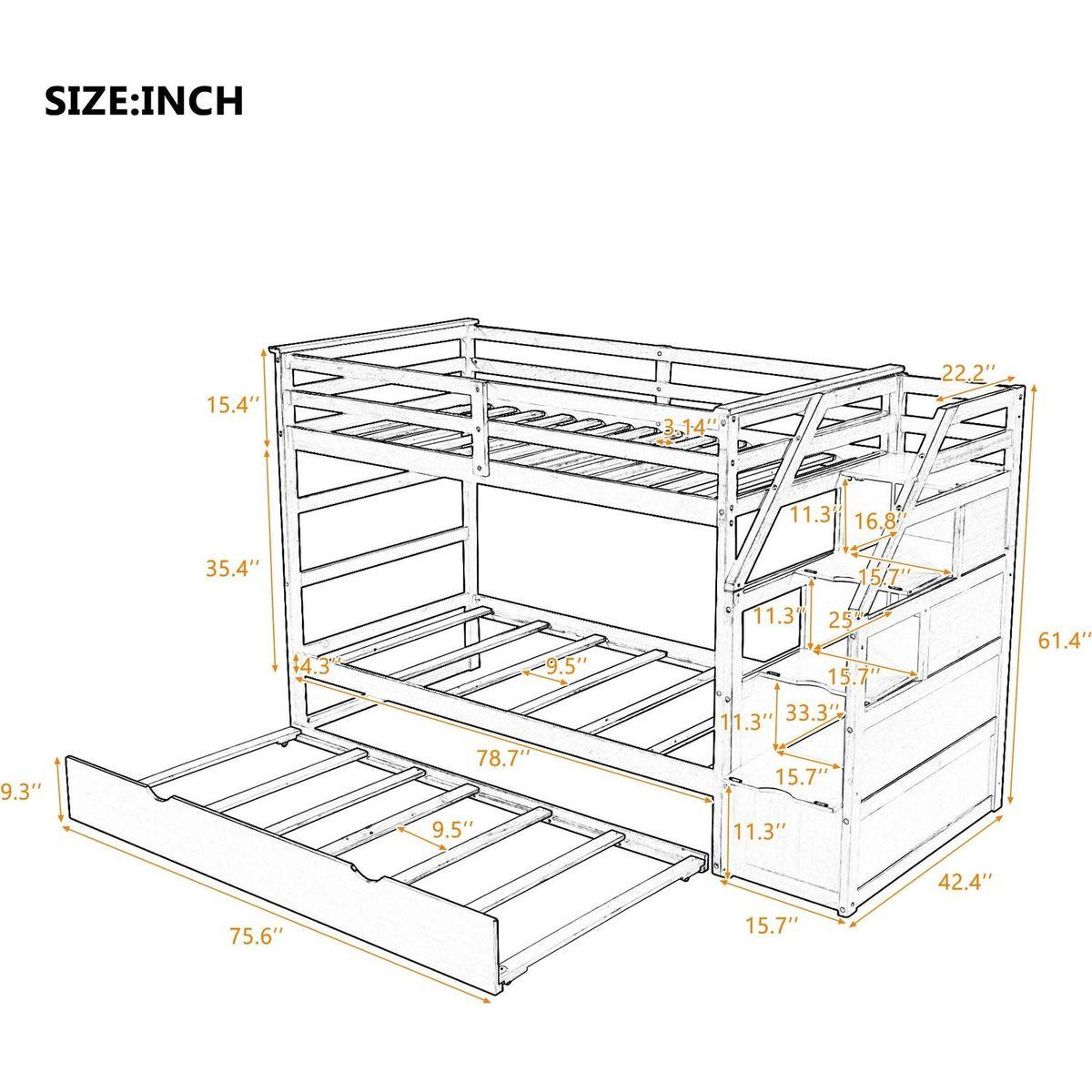 Twin-Over-Twin Bunk Bed with Twin Size Trundle and 3 Storage Stairs,Walnut