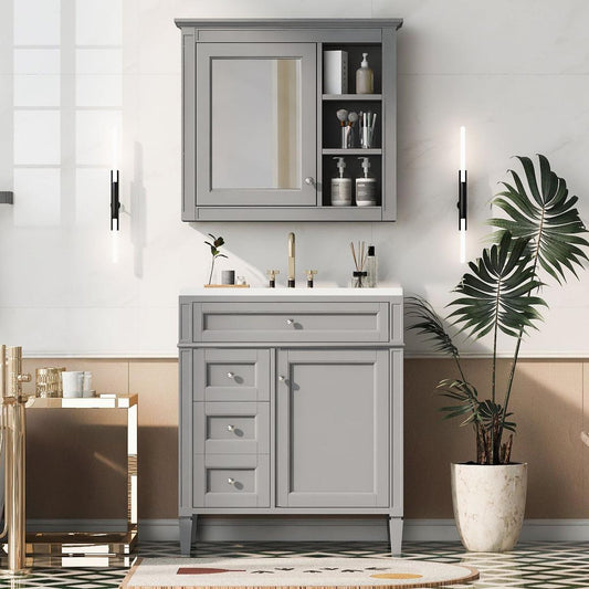 30" Bathroom Vanity with Top Sink, Modern Bathroom Storage Cabinet with 2 Drawers and a Tip-out Drawer, Freestanding Vanity Set with Mirror Cabinet, Single Sink Bathroom Vanity