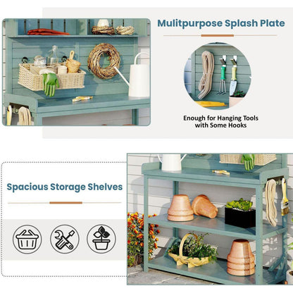 65" Large Wooden Farmhouse Rustic Outdoor Potting Bench Table, Patio Workstation, Garden Potting Bench with 4 Storage Shelves and Side Hook,Green