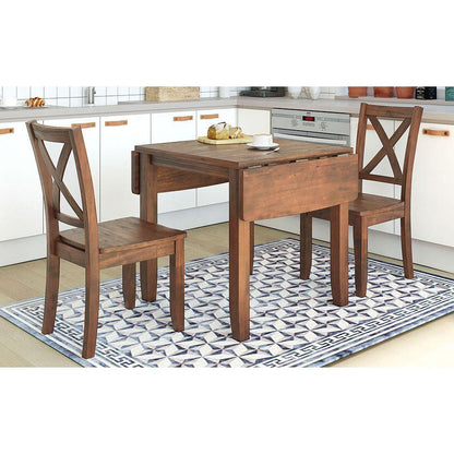 3-Piece Wood Drop Leaf Breakfast Nook Dining Table Set with 2 X-back Chairs for Small Places, Brown