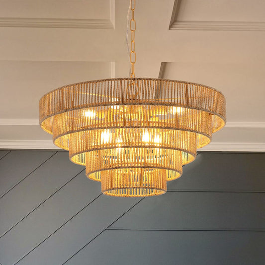 (Same as W1340P155977/L1019-5) 24' Modern 5-Layer Woven Hemp Rope Chandelier, Boho Style Pendant Light, Elegant Hanging Light Fixture for Living Room, Dining Room, Bedroom (No Bulbs)