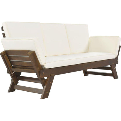 Outdoor Adjustable Patio Wooden Daybed Sofa Chaise Lounge with Cushions for Small Places, Brown Finish+Beige Cushion