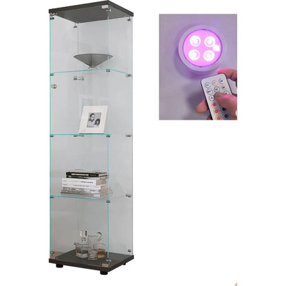 Lighted 4 Shelves Glass Cabinet Glass Display Cabinet with One Door, Black