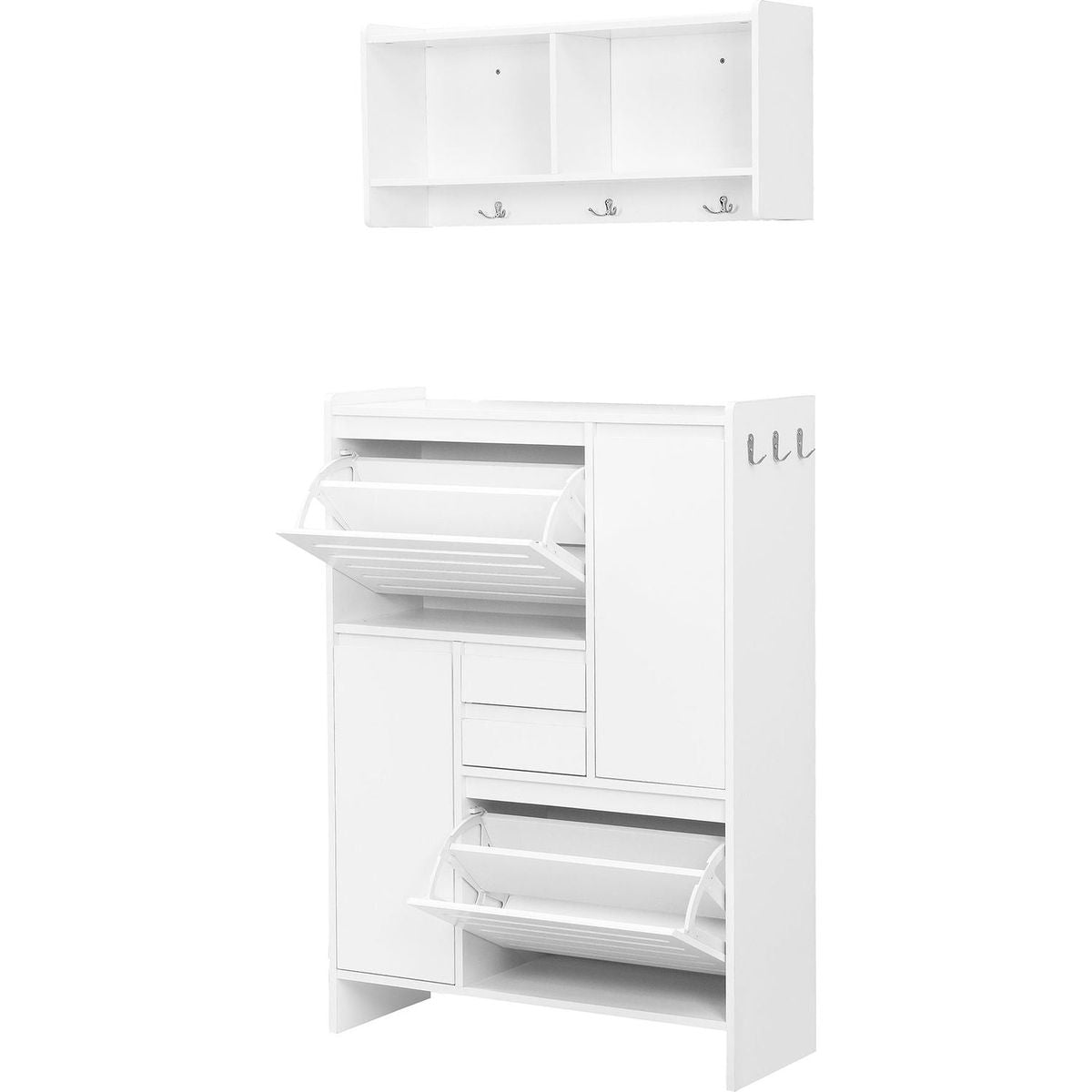 Multi-Functional Shoe Cabinet with Wall Cabinet, Space-saving Design Foyer Cabinet with 2 Flip Drawers, Versatile Side Cabinet for Hallway, White