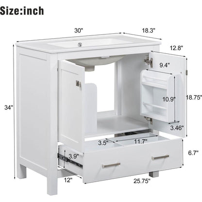 30" White Bathroom Vanity with Single Sink, Combo Cabinet Undermount Sink, Bathroom Storage Cabinet with 2 Doors and a Drawer, Soft Closing, Multifunctional Storage, Solid Wood Frame