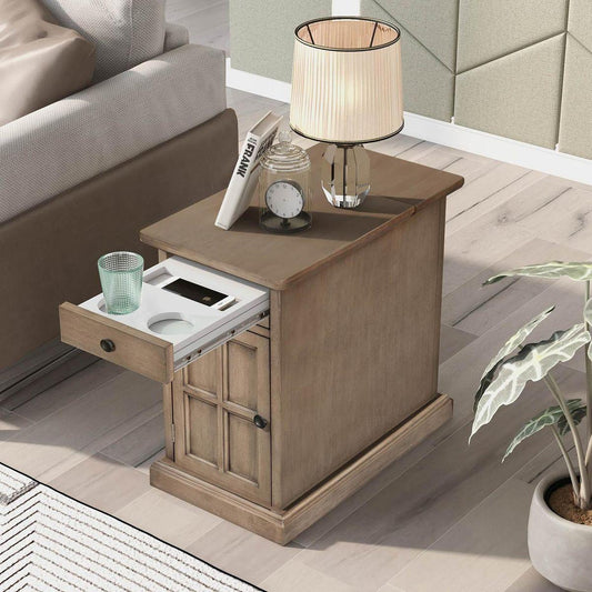 Classic Vintage Livingroom End Table Side Table with USB Ports and One Multifunctional Drawer with cup holders, Antique Brown