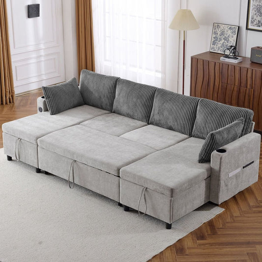 111.8" Sectional Sofa Pull-out Sofa Bed Versatile Sofa Sleeper with Large Storage Space, Two USB Ports and Two Cup Holders for Living Room, Grey