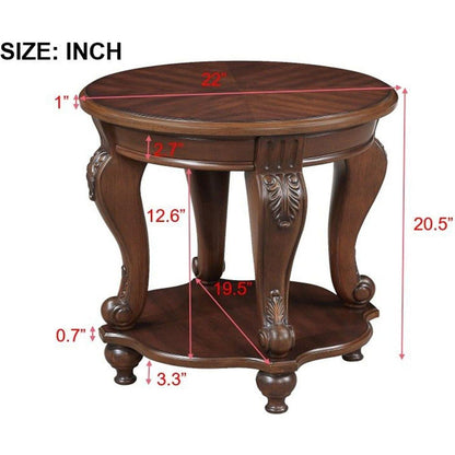 22" Retro Round End Table,Solid Wood Sofa Side Table with Shelf,Living Room Corner Table Easy Assemble,Cherry (color written on box is Light Espresso