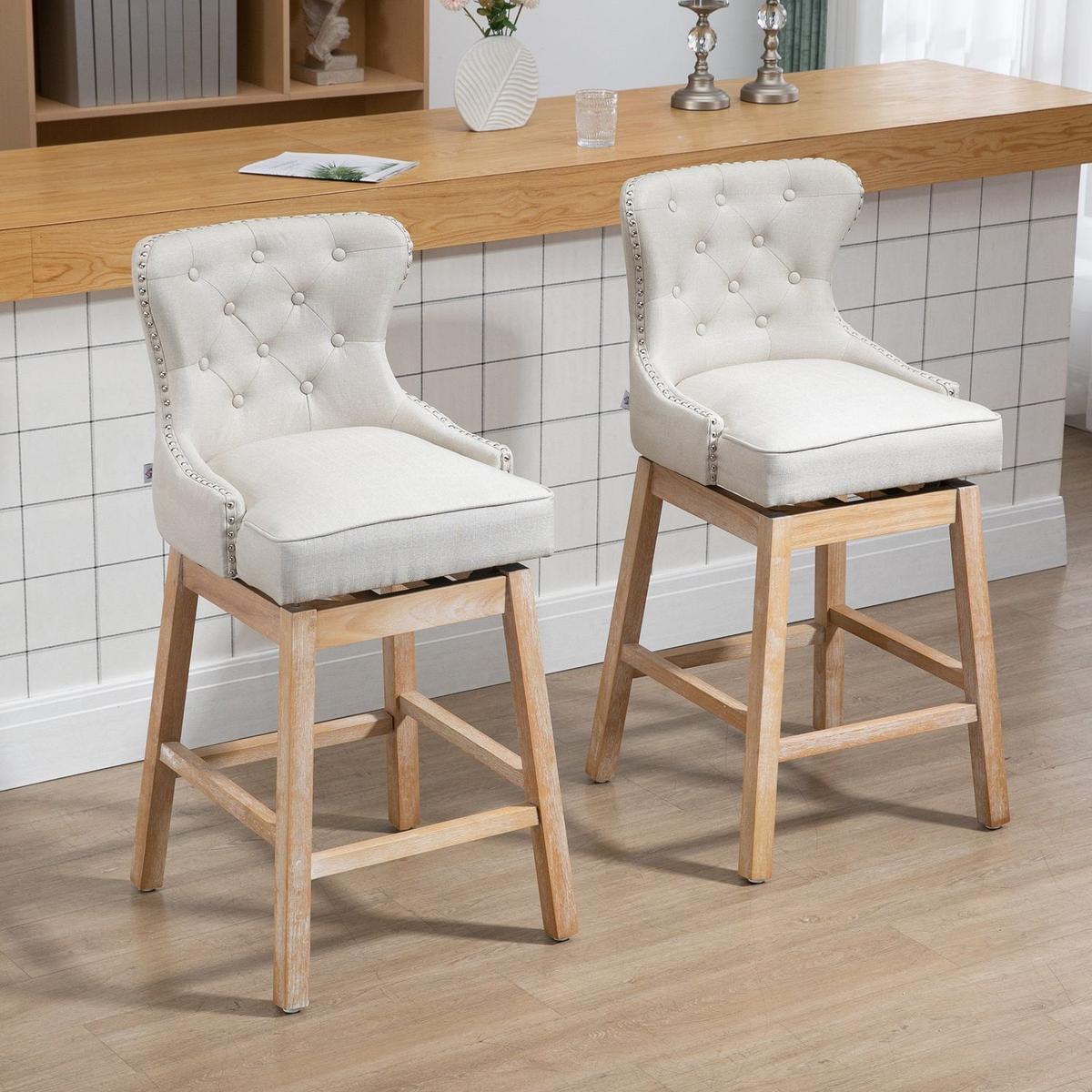 Upholstered Fabric Bar Height Bar Stools, 180 Swivel Nailhead-Trim Pub Chairs, 30" Seat Height with Rubber Wood Legs, Set of 2, Cream