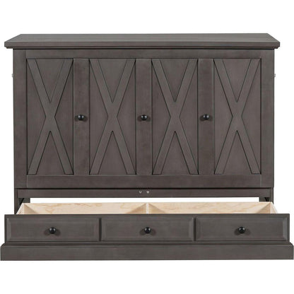 Solid Pine Murphy Bed Chest Cube Cabinet Bed with Charging Station and Large Storage Drawer for Home Office or Small Room,Full,Gray