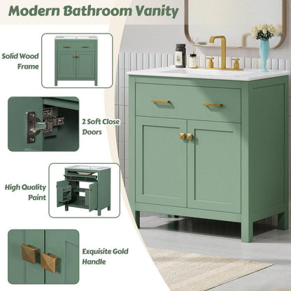 30-inch Bathroom Vanity with Ceramic Sink, Modern Green Single Bathroom Cabinet with 2 Doors and a Shelf, Soft Close Doors