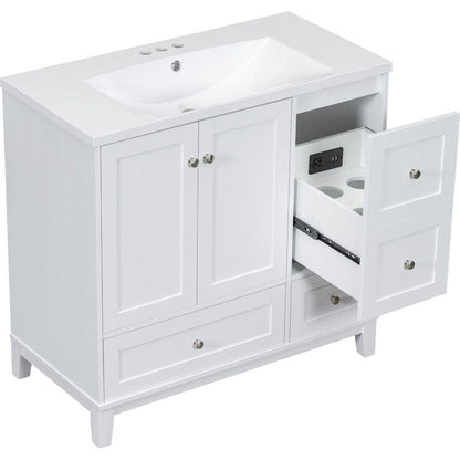 36 Inch Modern Bathroom Vanity with USB Charging, Two Doors and Three Drawers Bathroom Storage Vanity Cabinet, Small Bathroom Vanity cabinet with single sink, White & Gray Blue - Faucets Not Included