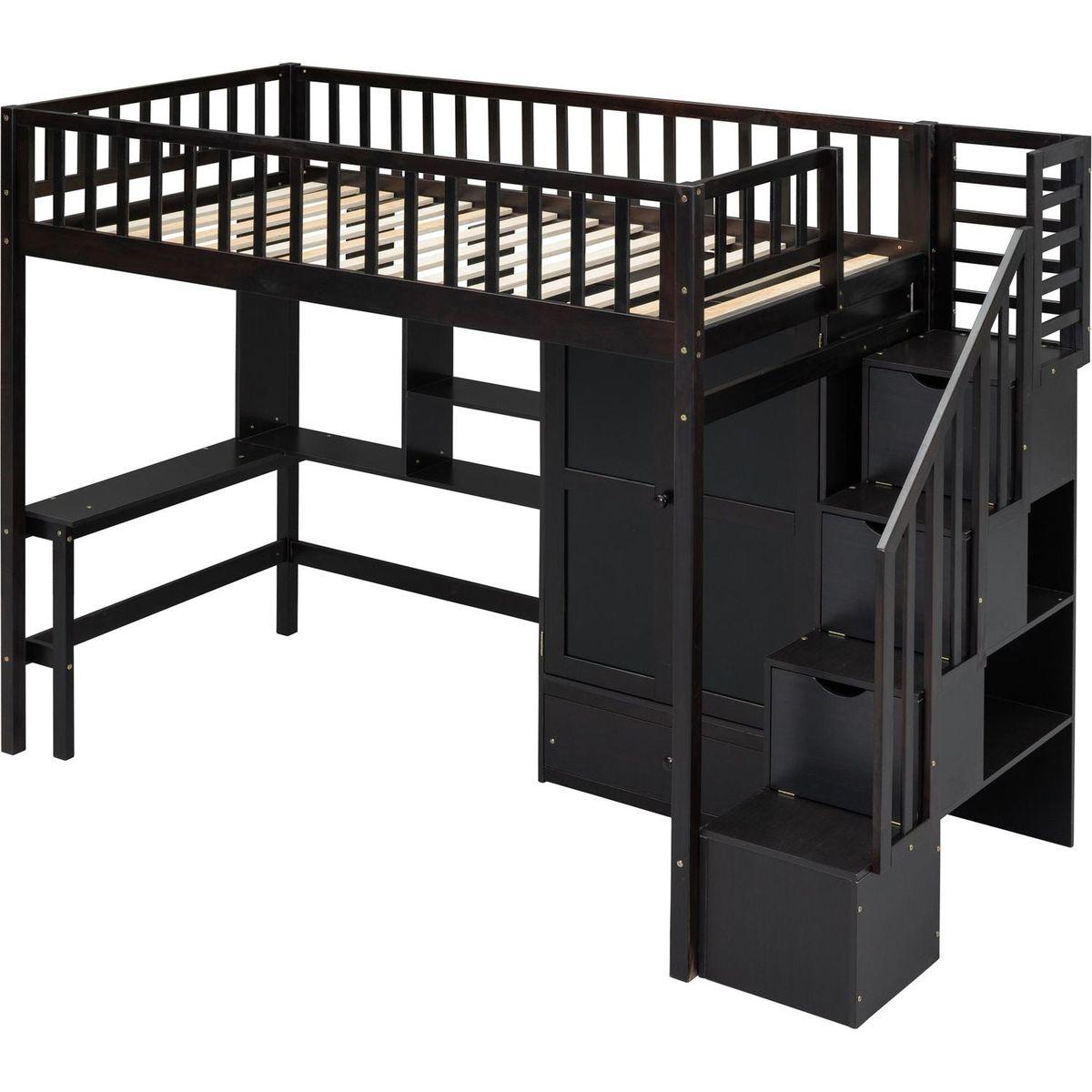 Twin size Loft Bed with Bookshelf,Drawers,Desk,and Wardrobe-Espresso