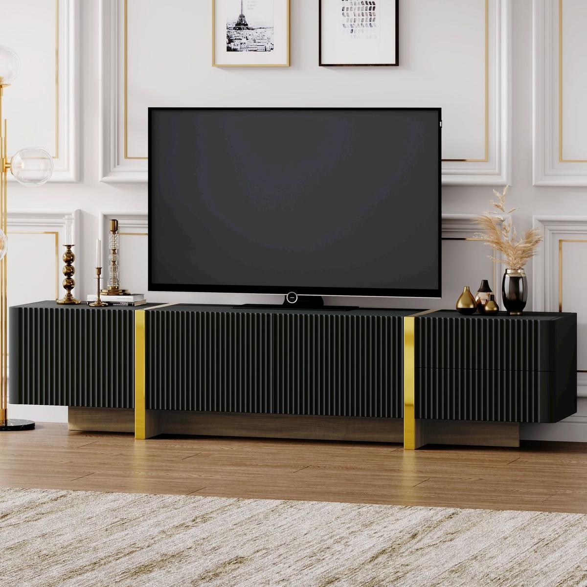 Luxury Fluted TV Stand for TVs Up to 80", Modern Entertainment Center with Storage Cabinets & Drawers, Smooth Media Console with Golden Wood Grain Legs for Living Room, Black